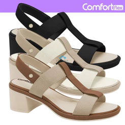 Sandália Comfortflex Feminina Salto Bloco Tiras Elásticas Couro Legitimo Conforto Anatômico
