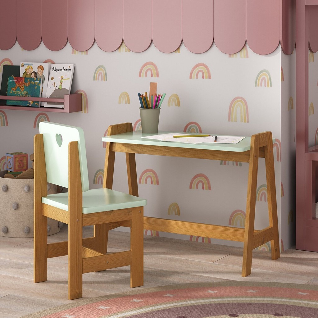 Conjunto Mesa Escrivaninha + 1 Cadeira Infantil Sofia Madeira Maciça e MDF  Verde em Oferta na Shopee
