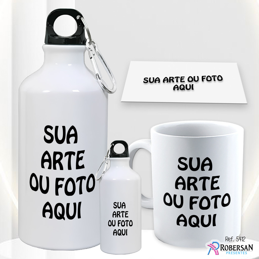 Kit Caneca Personalizada + Garrafinha Nome Lembrancinha Foto Sua Arte Aqui Garrafa Água Squeeze