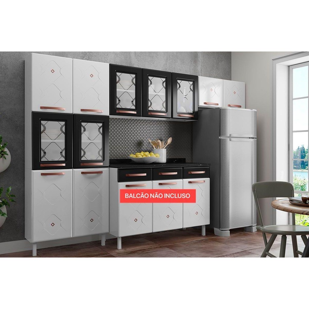 Cozinha Completa Mirage New Aço 3 Peças (2Aéreos+1Paneleiro) CZ32 Branco/Preto - Telasul - Home & Living