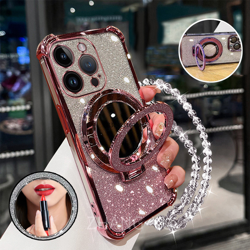 Capa Para iPhone 1516 pro max 15 16 plus De Telefone À Prova De Choque 3D Suporte Espelho De Maquiagem Nova Pulseira Mac