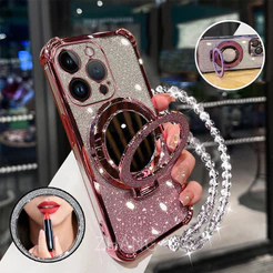 Capa Para iPhone 1516 pro max 15 16 plus De Telefone À Prova De Choque 3D Suporte Espelho De Maquiagem Nova Pulseira Mac