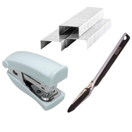 Kit Mini Grampeador de Metal + 5.500 Grampos 26/6 + Extrator de Grampos Espatula