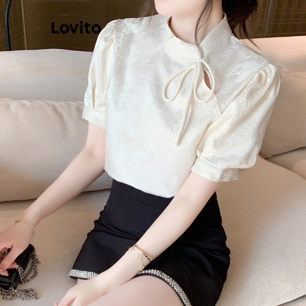 Detalhes do trendy6-Lovito Blusa Casual Blusa De Verão Com Fivela Lisa Para Mulheres L110AD545