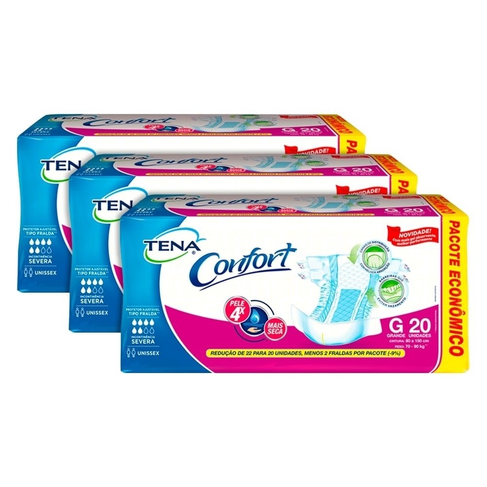 Fralda Descartável Tena Adulto Confort Tamanho G - 3 Pacotes com 20 Fraldas - Total 60 Tiras