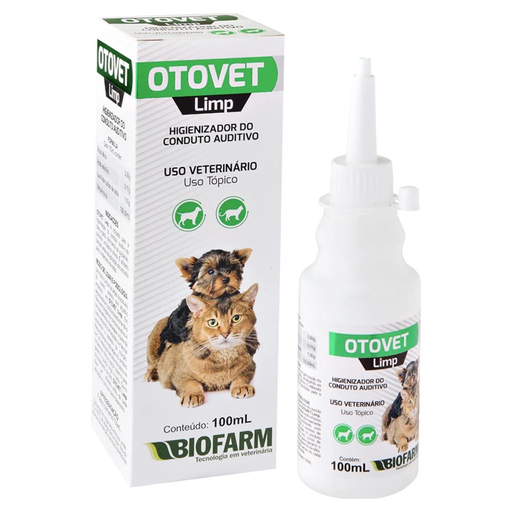 Otovet Limp 100mL Biofarm cuida da higiene dos ouvidos de cães e gatos,  limpeza e proteção segura