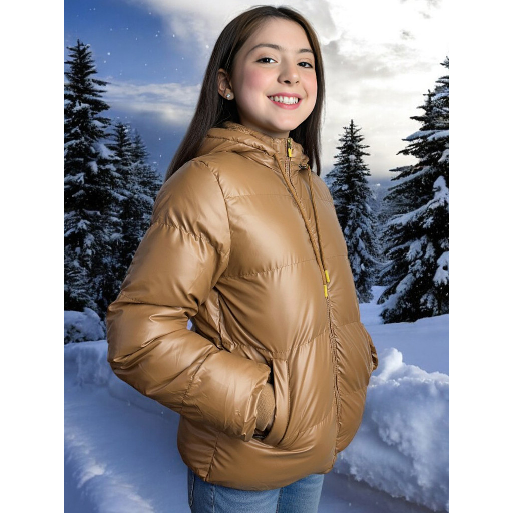 Jaqueta Puffer Juvenil Infantil Feminina com Capuz Peluciada