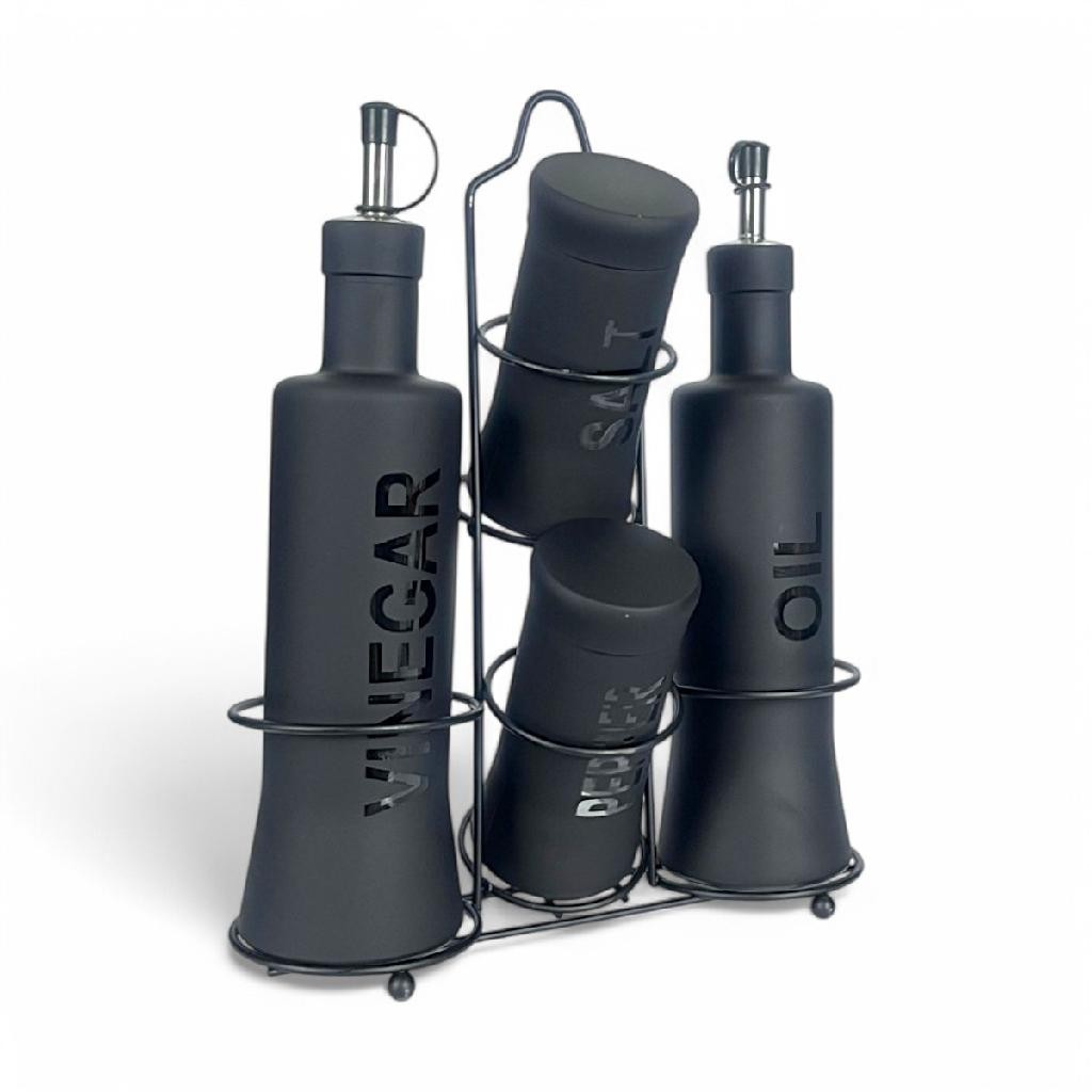 Galheteiro Nero De Vidro Com Suporte Condimentos 5 Peças