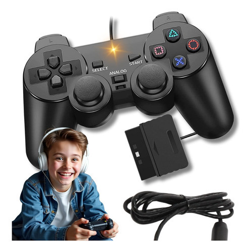 Controle Com Fio Compatível Ps2 Ps1 Joystick Analógico Preto