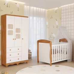 Quarto Bebê Completo Berço Americano Marquesa 3em1 Guarda Roupas 3 Portas 3 Gavetas 100% MDF Telinha