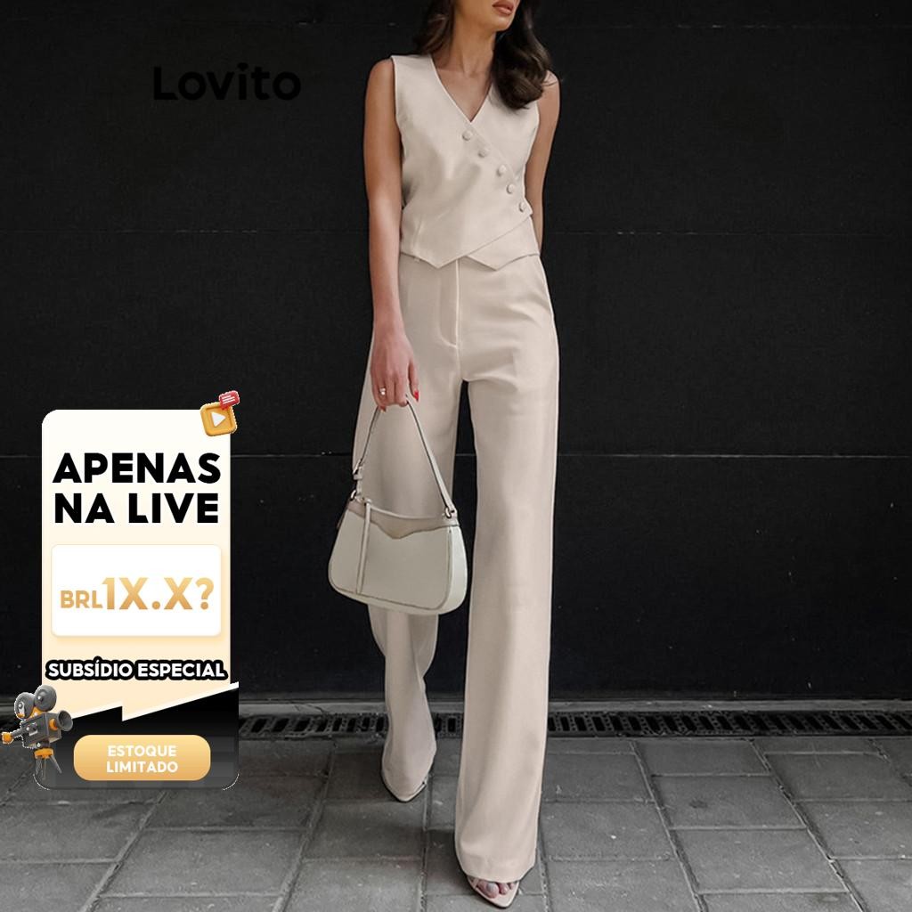 (LIVE STREAM SALE) Lovito Conjunto de Calça Assimétrica com Botão Simples Casual para Mulheres LNL35035 (Damasco/Preto) em Oferta na Shopee