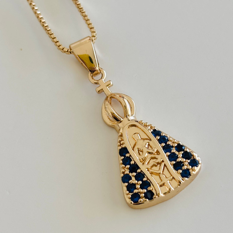 Colar Corrente Cordão Nossa Senhora Aparecida Cravejado de Zircônia Azul Folheado a Ouro 18K