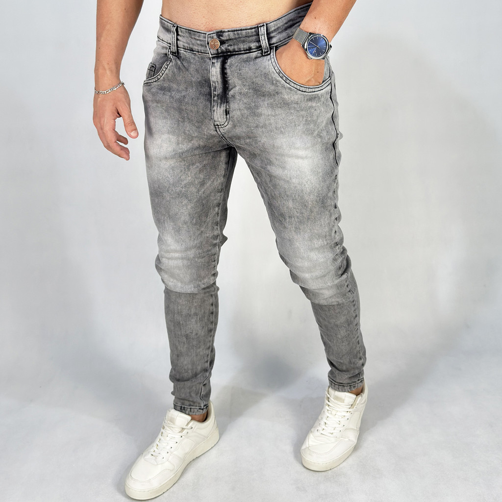 Calça Masculina Jeans Marmorizada Skinny Premium Lycra Elastano Cinza Claro em Oferta na Shopee