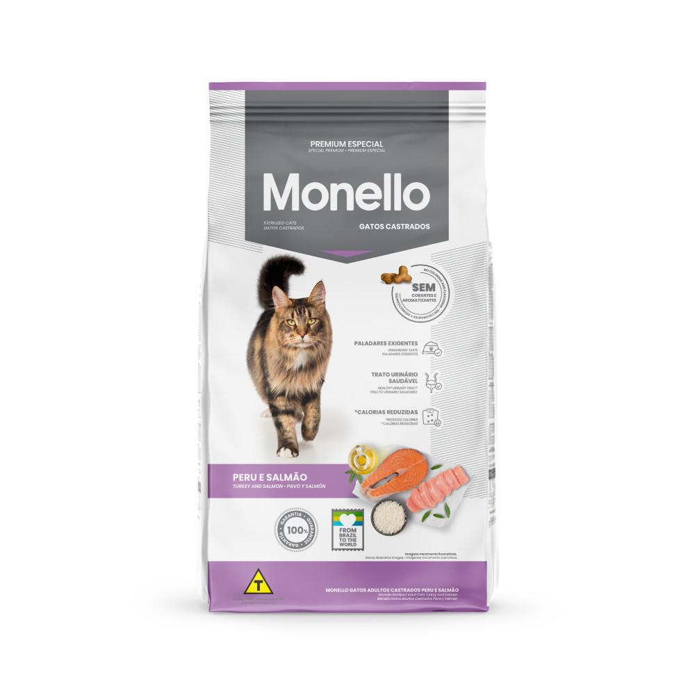 Ração Monello Gatos Adultos Castrados Peru e Salmão 10,1kg em Oferta na Shopee