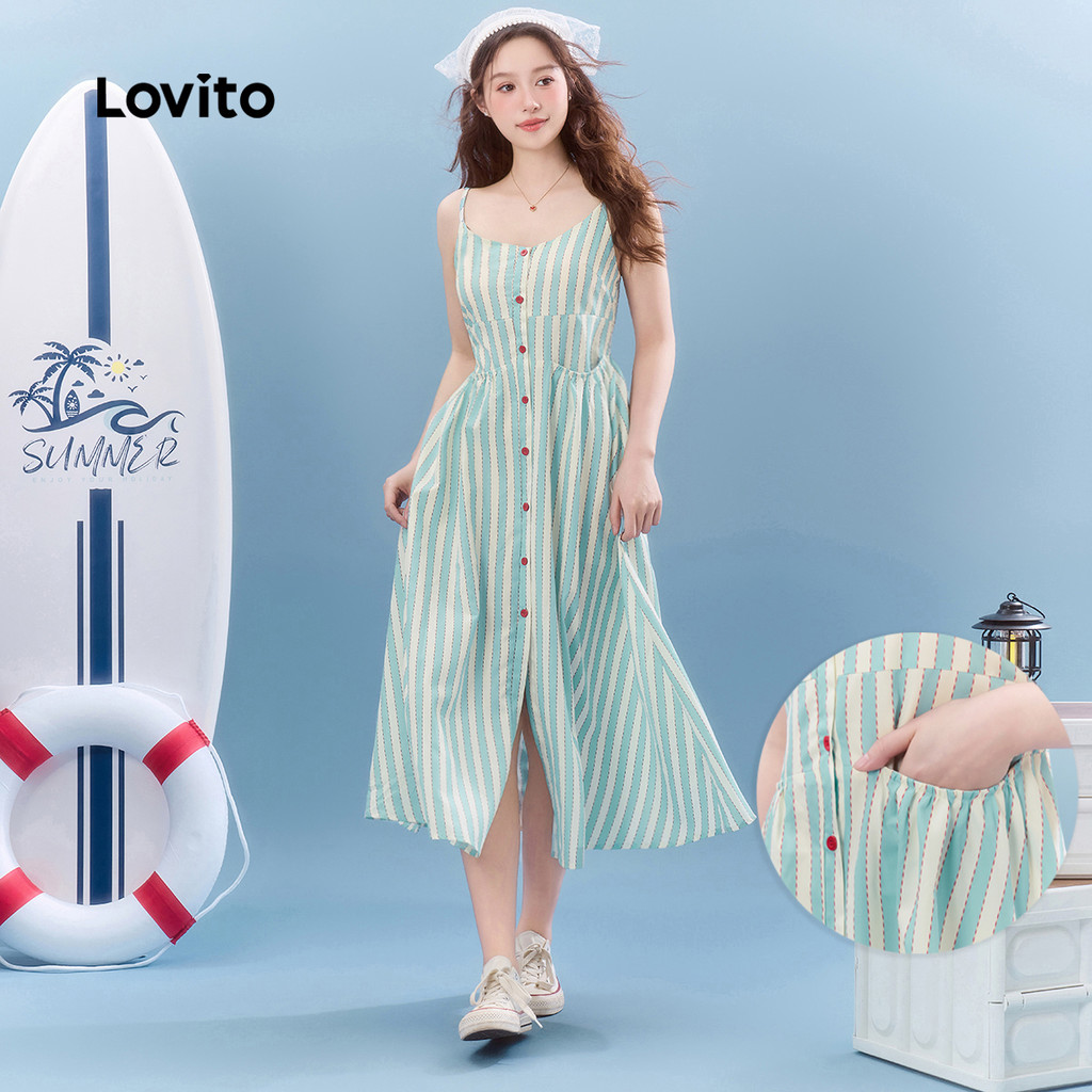 Lovito Vestido Casual Listrado Drapeado Com Bolso De Botão Vestido De Verão/Primavera Para Mulheres L130AD016