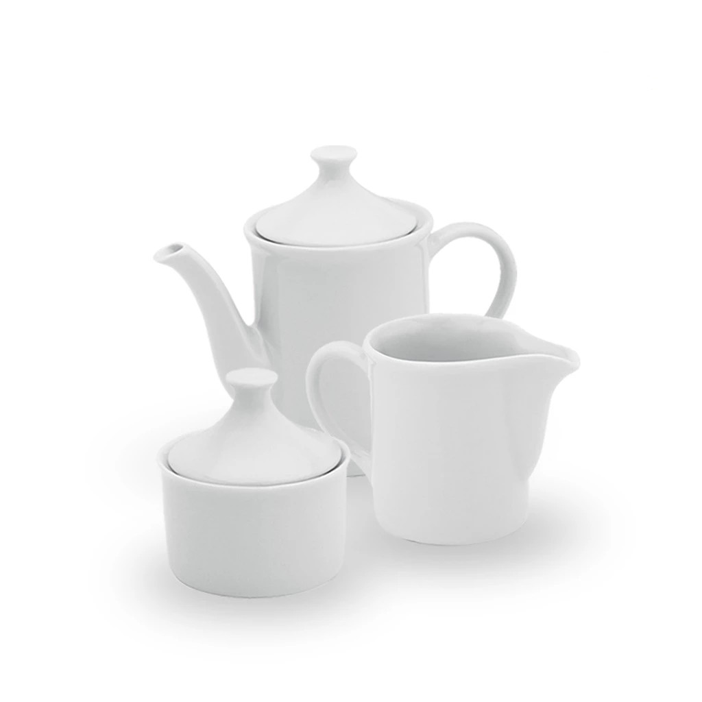 Kit Café Chá com Bule 650ml Leiteira 350ml e Açucareiro 250ml Porcelana Branca