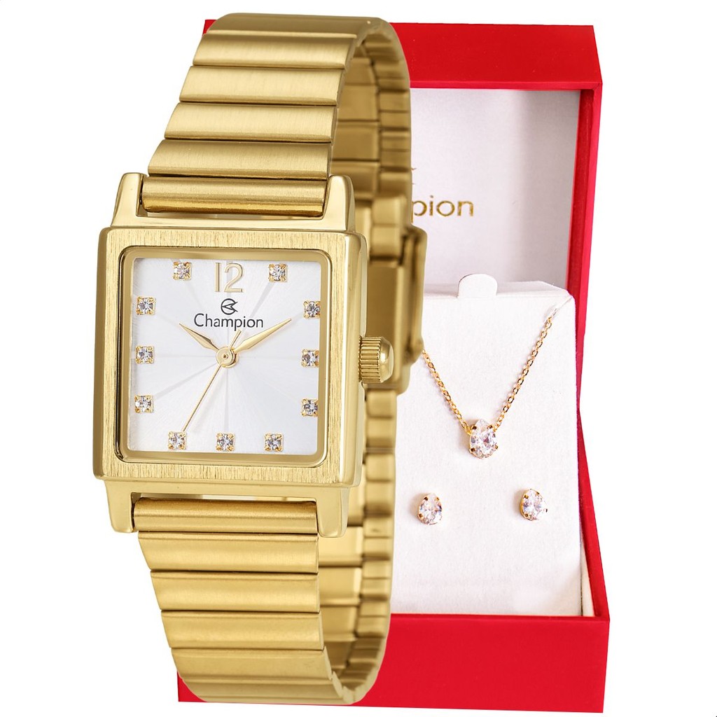 Relógio Feminino Champion Dourado Quadrado Pequeno CF24135H + Colar e Brincos em Oferta na Shopee
