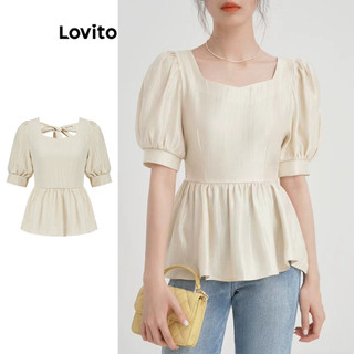 Lovito Blusa casual lisa com laço nas costas para mulheres L109MD298 em Oferta na Shopee