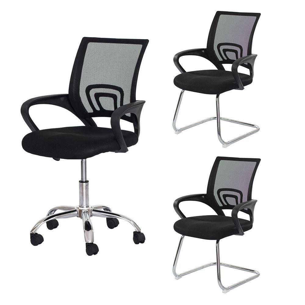 Kit Cadeiras De Escritório, 1 Cadeira Tela Mesh Com Base Giratória + 2 Cadeiras Tela Mesh Base Fixa