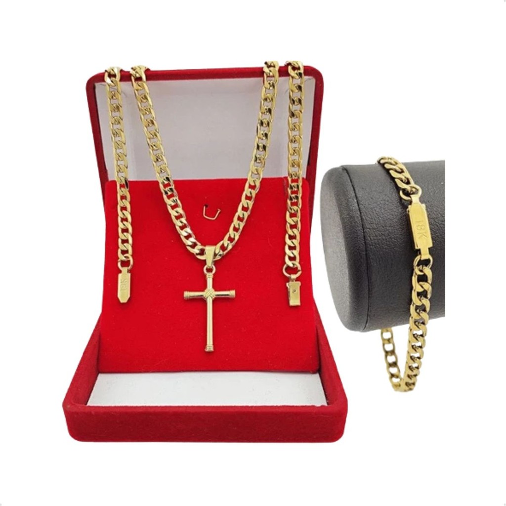 Kit 1 Corrente Cruz Banhada + Pulseira 18k De Aço Inoxidável em Oferta na Shopee