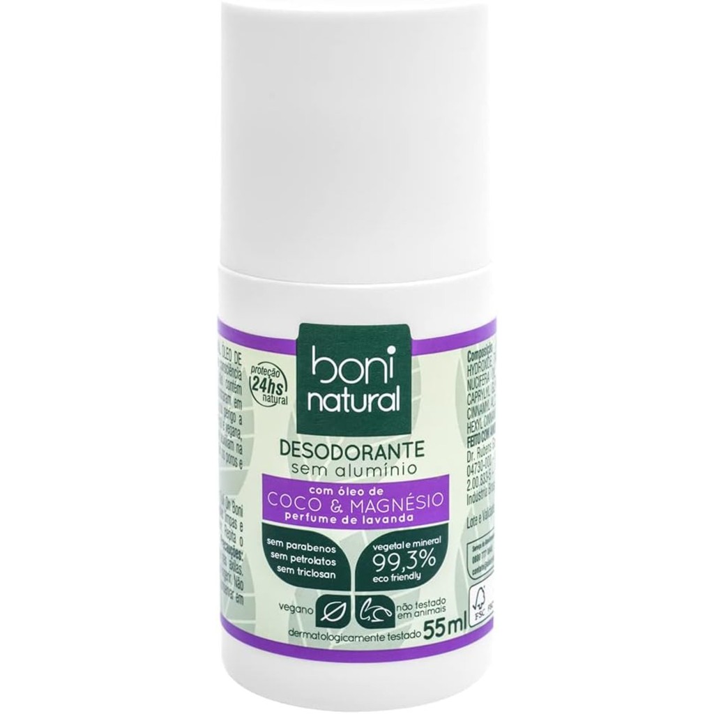 Desodorante Roll-On sem Alumínio, Natural, Vegetal e Vegano, Coco e Magnésio, com Perfume Suave de Lavanda, Boni Natural