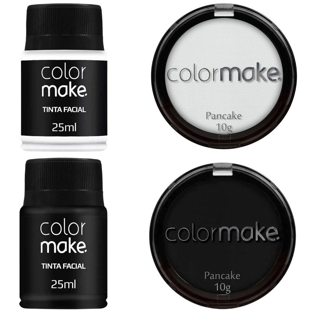 Kit Maquiagem Preto E Branco Colormake 02 Pancake + 02 Tinta Liquida 25ml Para Halloween Fantasia em Oferta na Shopee