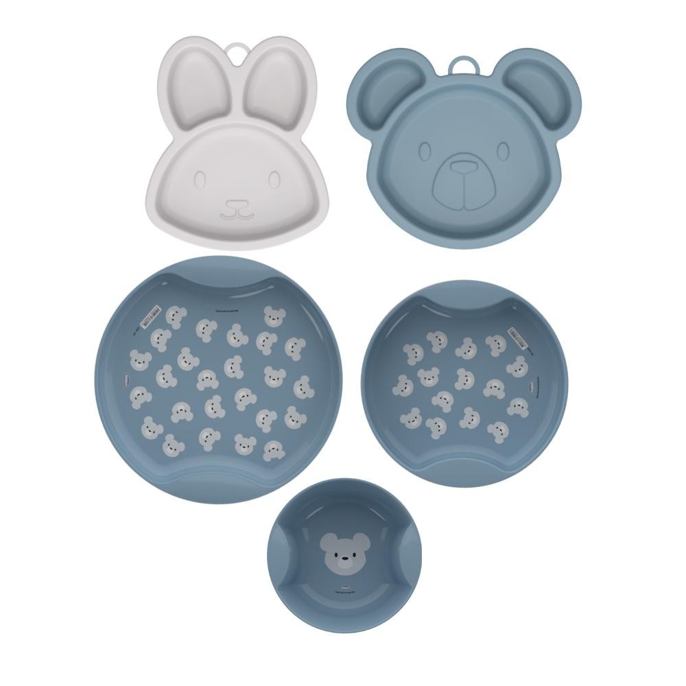 Kit 5 Peças Introdução Alimentar 4 Pratos 1 Tigela Azul Plasútil - Mom & Baby