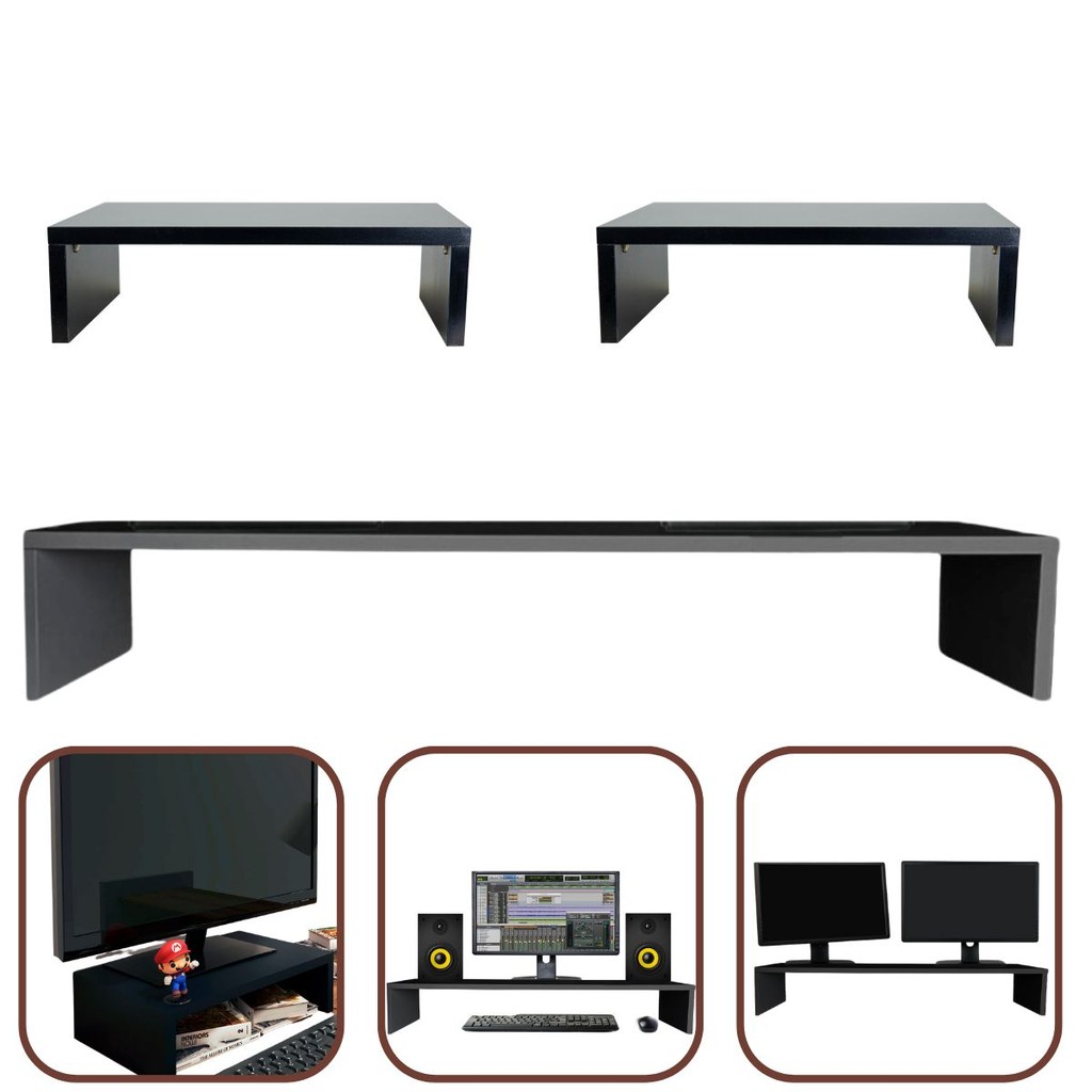 Kit 1 Suporte Monitor 15x90x20cm + 2 Suporte Monitor 10x35x20cm MDF Preto