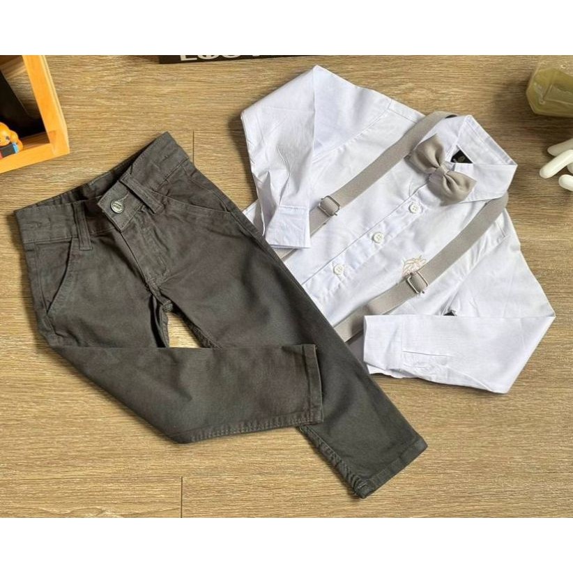 Calça Cinza Chumbo Camisa Branca Gravata e Suspensório Suspensório Gravata Batizado Pajem Casamento Formatura Infantil