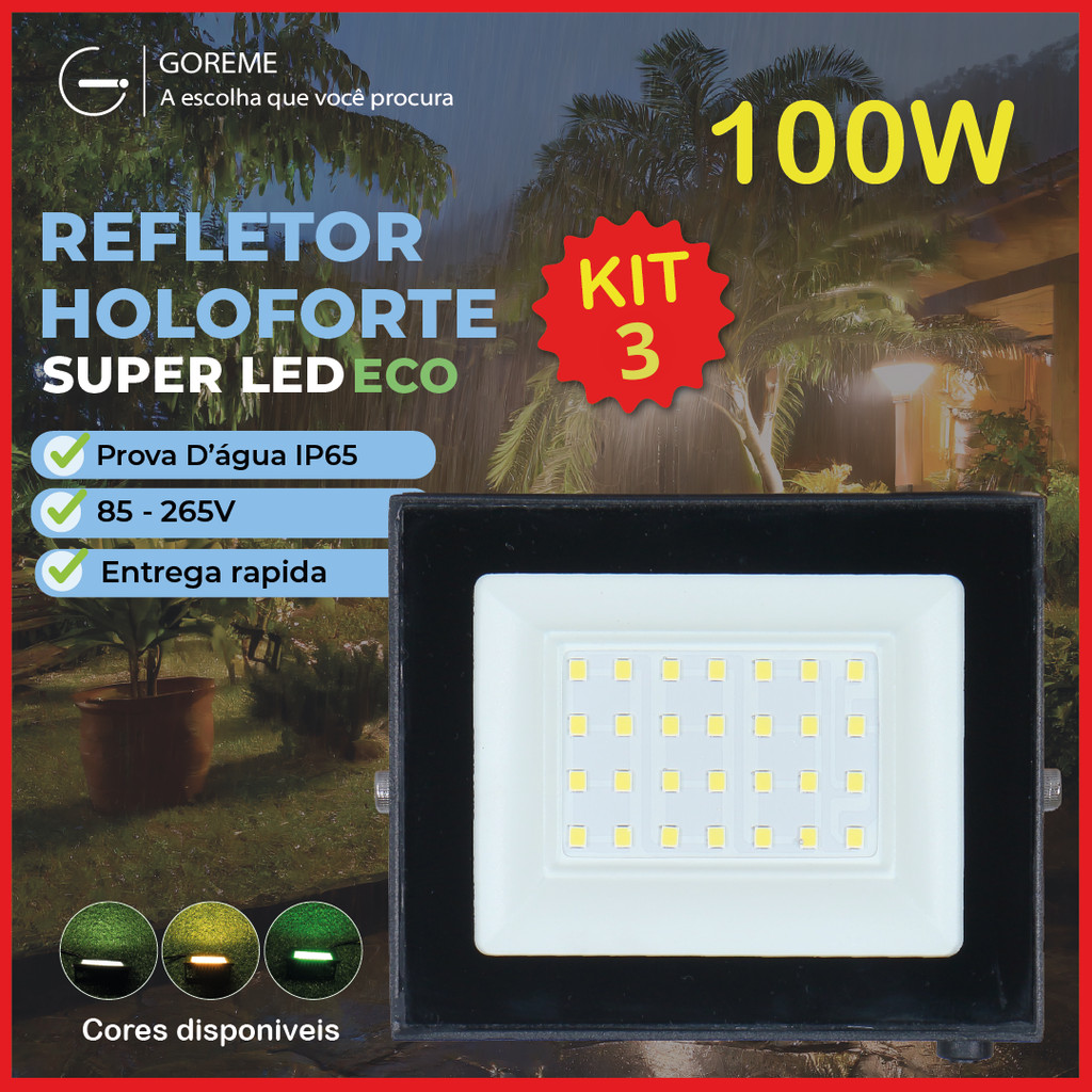 kit1/2/3 Holofote Refletor Led ECO Pro 100W Branco Frio 6500K  Branco Quente Verde| IP65 | Luz Econômica | Para Jardim em Oferta na Shopee