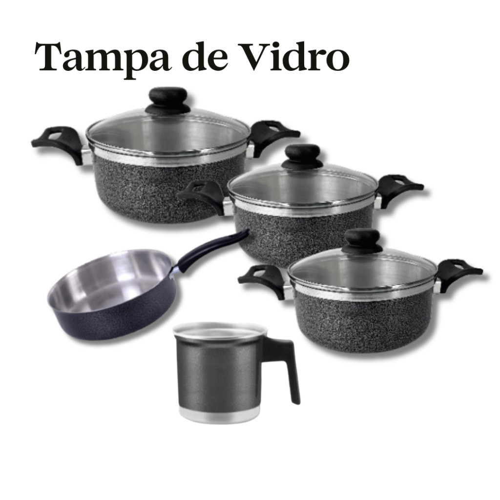 Jogo de Panelas 5 Peças Preto com Tampa de Vidro – Panelas 16/18/20 + Frigideira 20 + Caneco 12