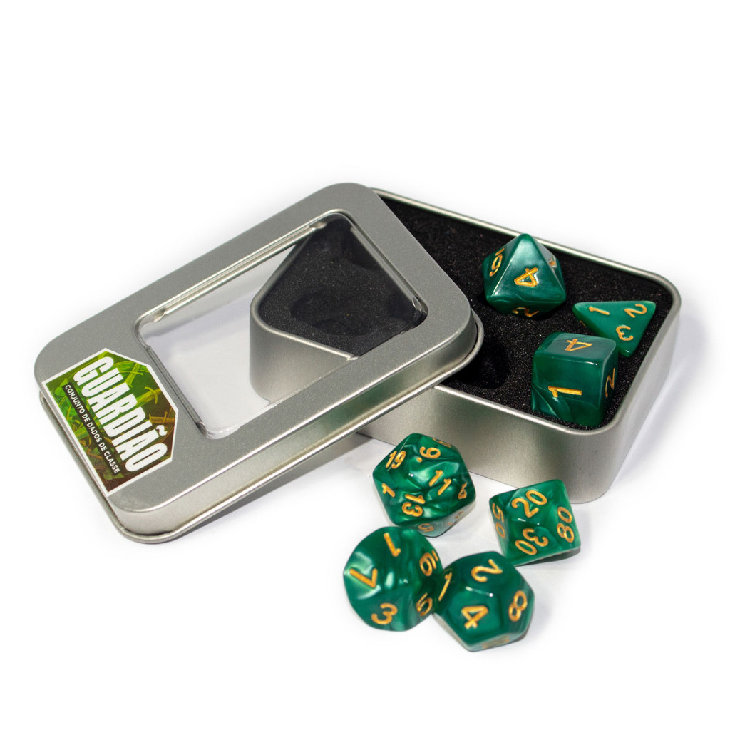 Dados de RPG - Conjunto com 7 Dados Perolado com Caixa Armazenadora - Guardião - Green Ranger - RPG