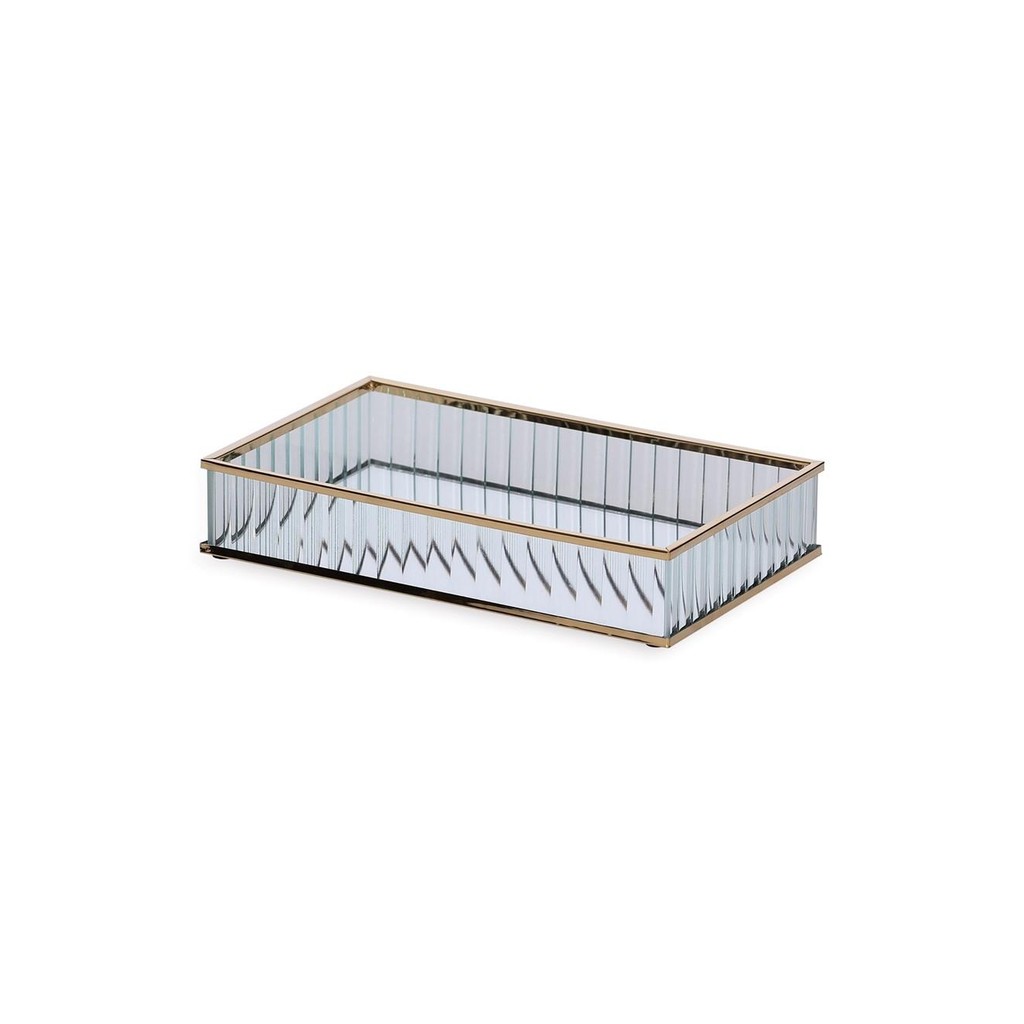 Bandeja em Vidro Canelado Com Espelho e Borda Metal Dourada 23x14 cm