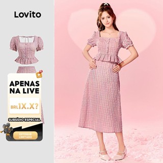 (LIVE STREAM SALE) Lovito babado bainha botão drapeado tecido texturizado manga bufante Tops ou Bottoms L117AD099 em Oferta na Shopee