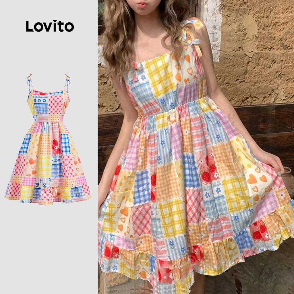 Lovito Vestido Boho Geométrico Ruffle Hem Lace Up Dopamina Vestido De Verão/Primavera Para Mulheres L129ED039 em Oferta na Shopee