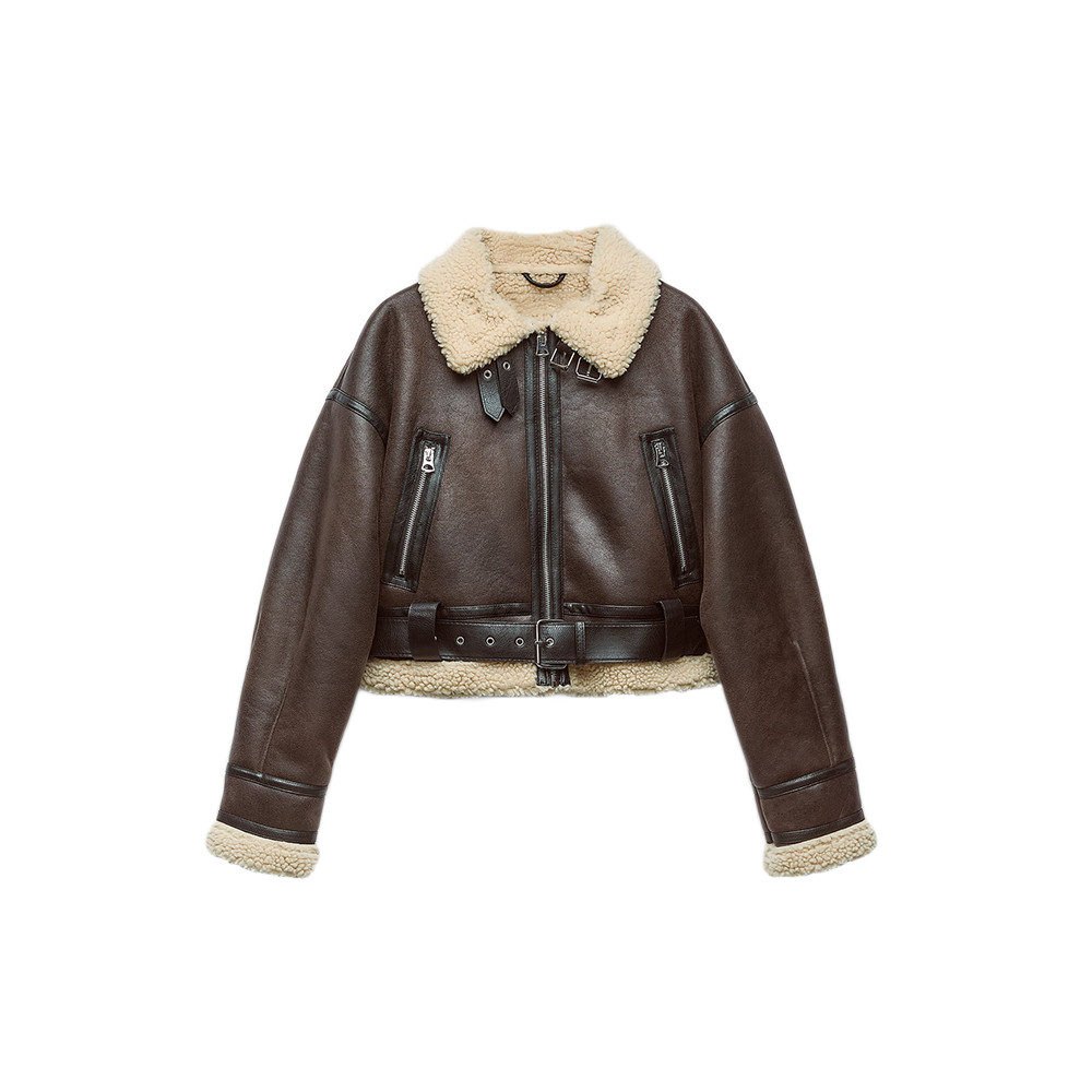 Outono Inverno Feminino Quente Solto Falso Pele De Cordeiro Casaco Curto Streetwear Retro Zíper Emendado Outwear