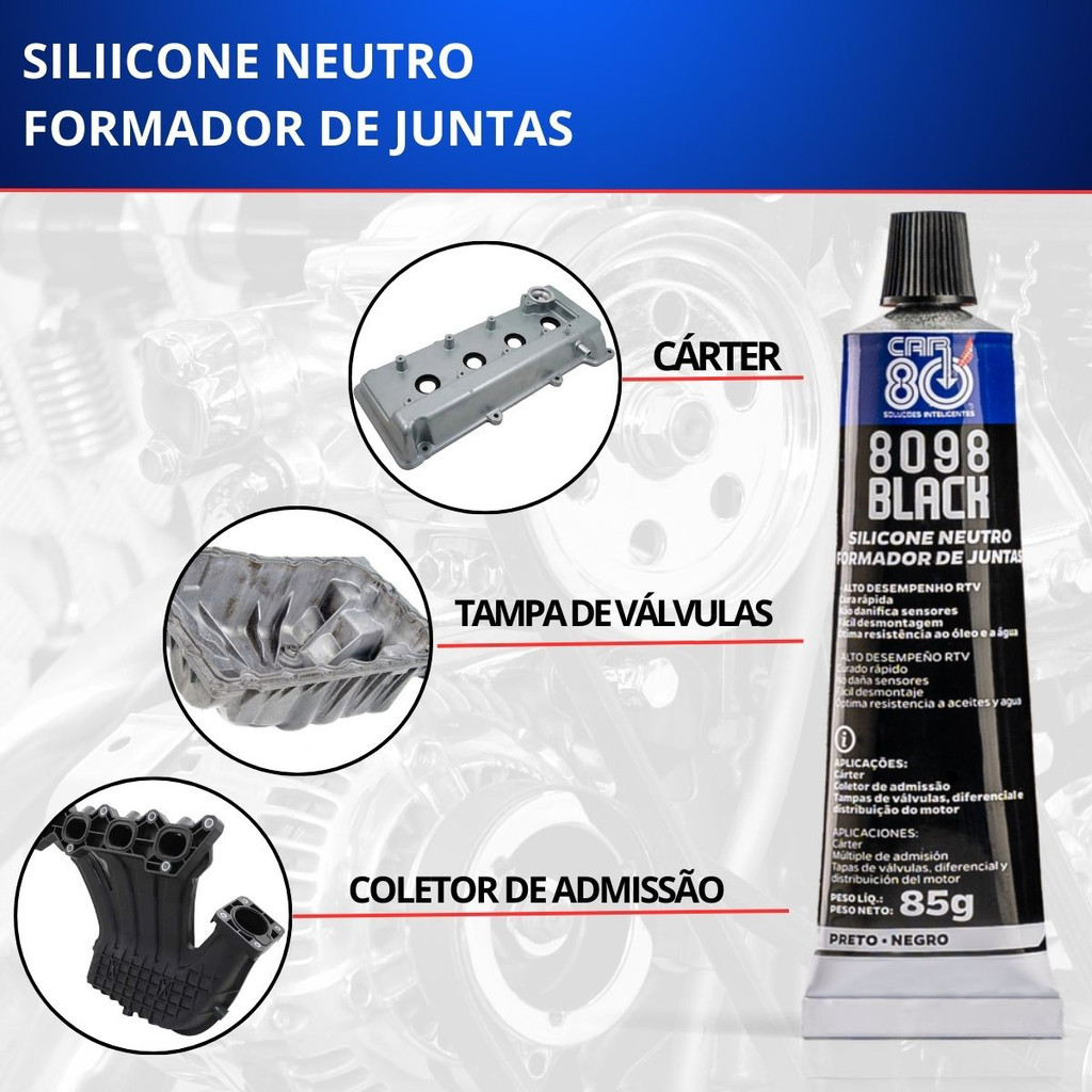 Detalhes do Kit 3 Silicone Preto Alta Temperatura Car 80 8098 Black 85g - Econômico Junta Motor RTV