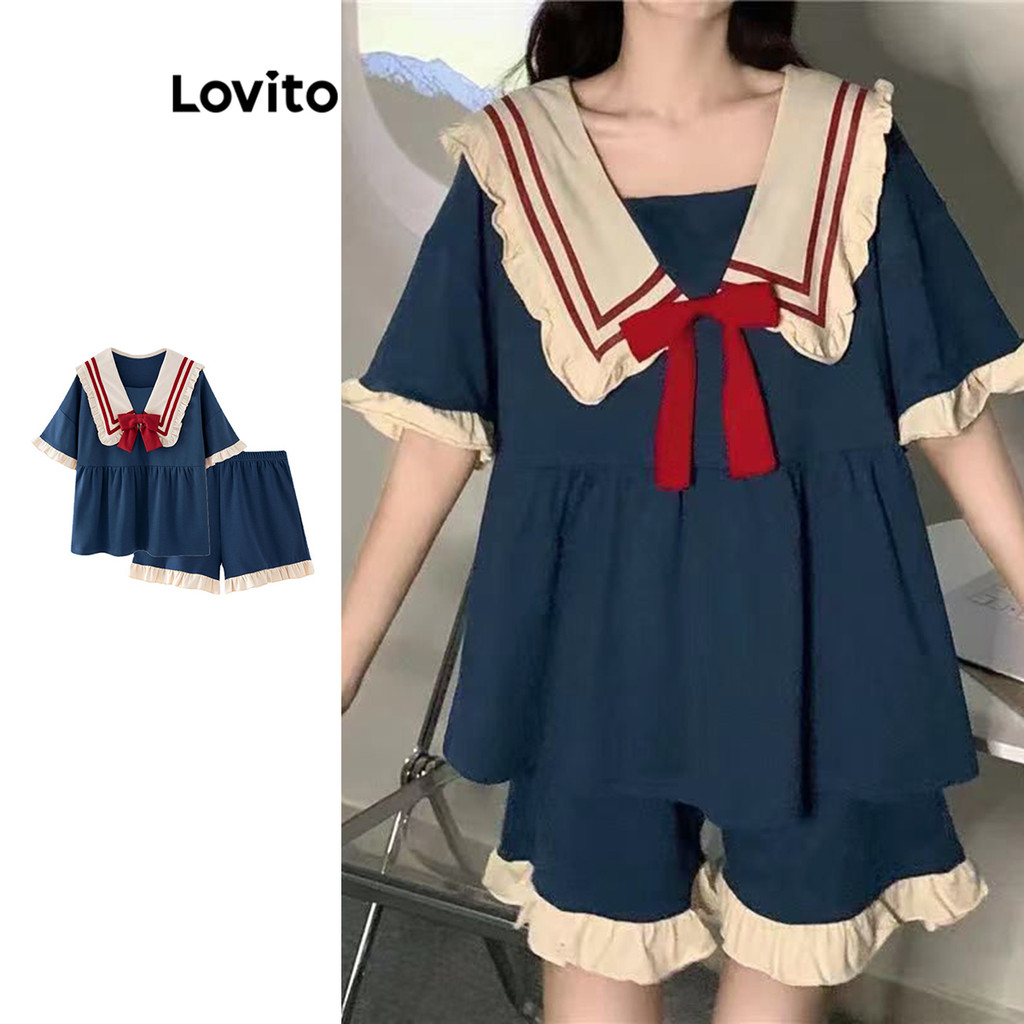 Lovito Conjuntos de pijamas casuais com laço simples para mulheres LNA79075 - Women Clothes
