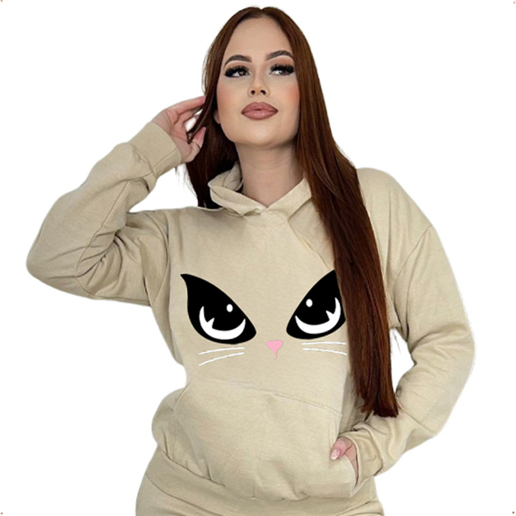 Casaco Moletom Gatinha Feminino Capuz Liso Bolso Frontal Top