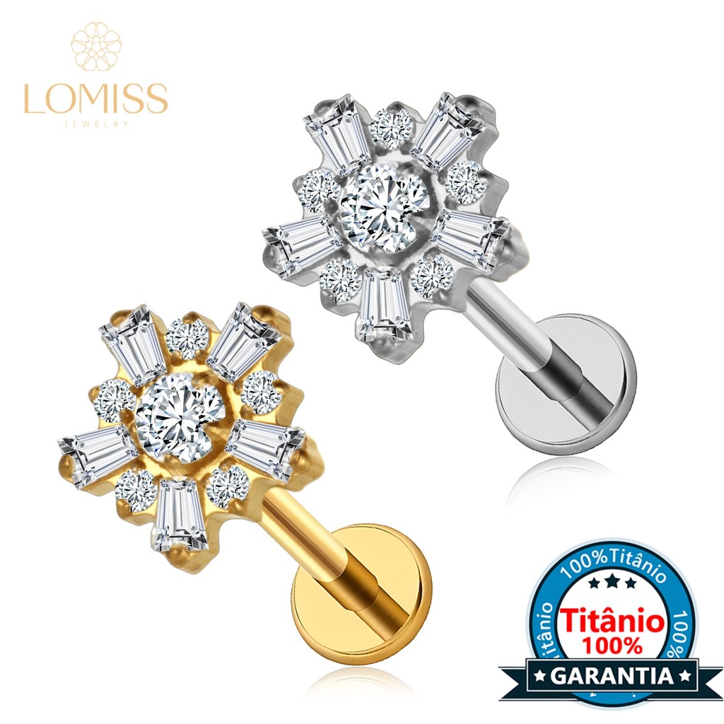Piercing Labret Helix Tragus Conch Titânio Flor Zircônia Cravejada