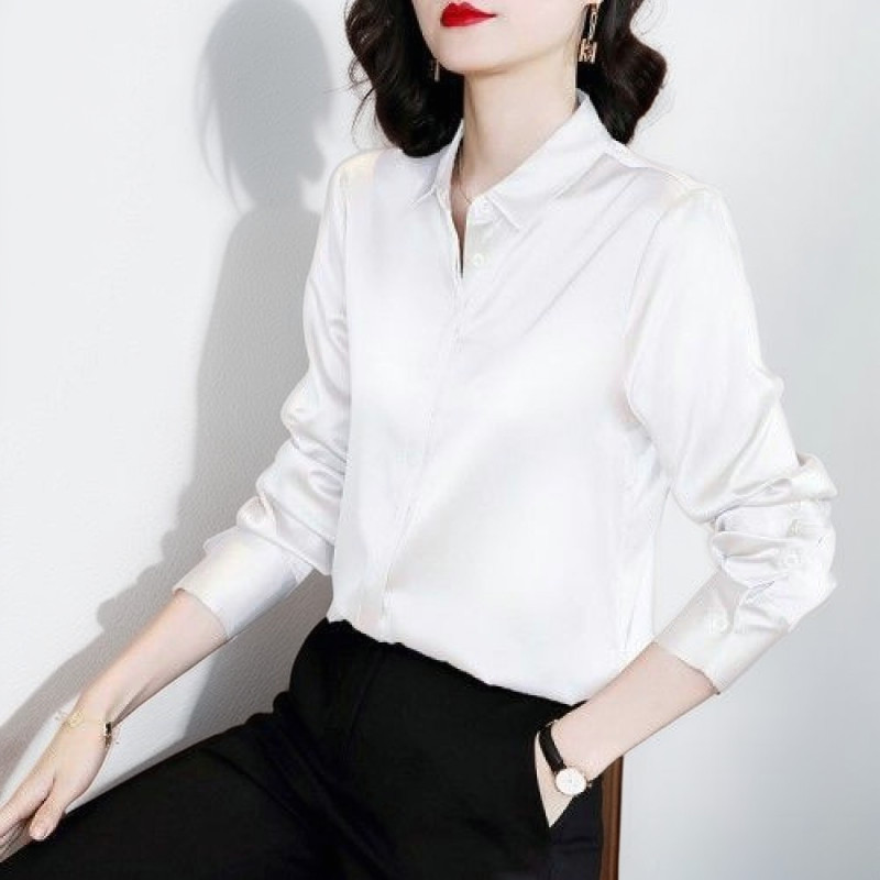 Blusa De Chiffon De Cetim Feminina Estilo Coreano Com Decote Em V Manga Comprida Lisa Plus Size Casual Solta Formal Roup