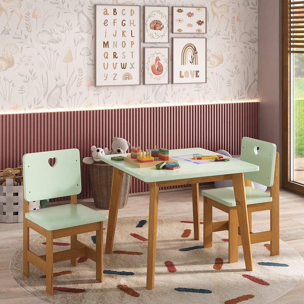 Conjunto Infantil Sofia Mesa + 2 Cadeiras Verde/ Mel - Madeira de Pinus / Mdf - Home & Living