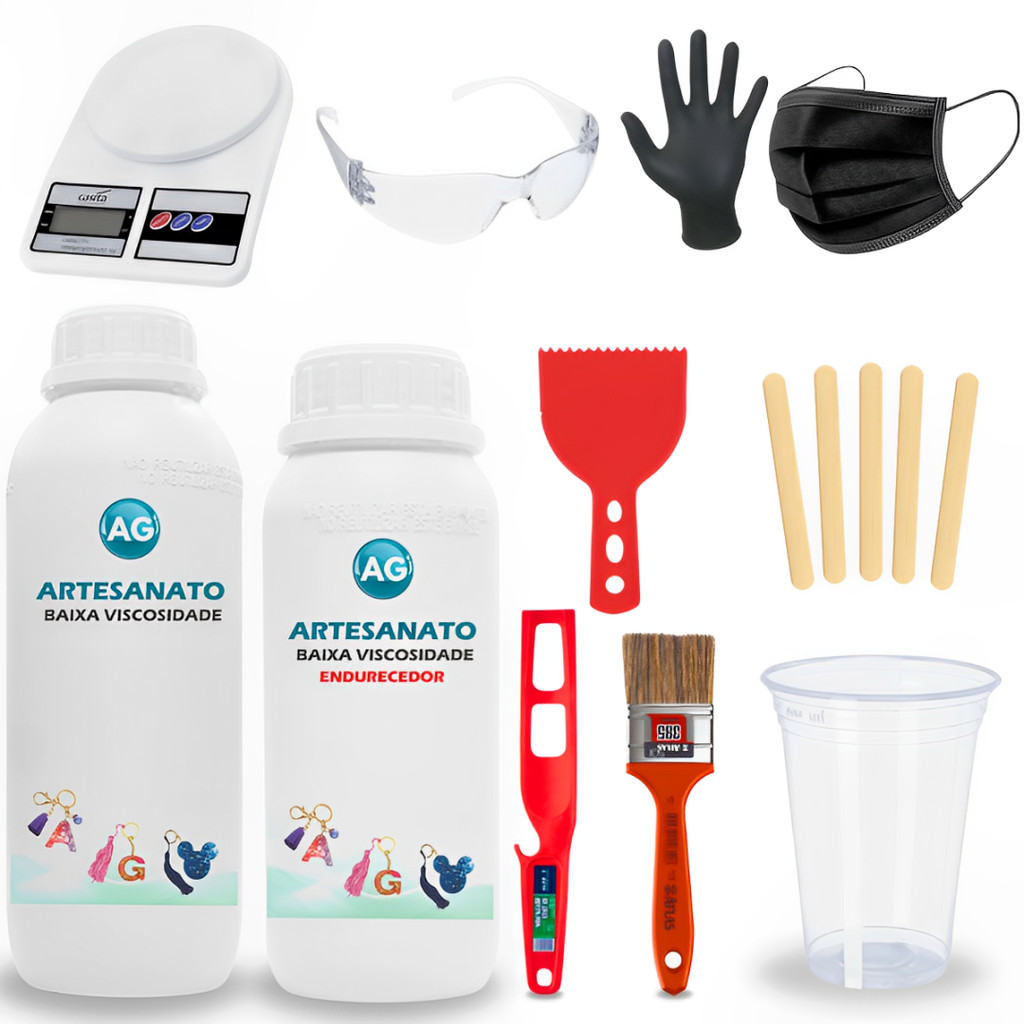 Kit Resina Epóxi 300g Para Artesanato Inclui EPIs, Pincel, Espatula e Balança