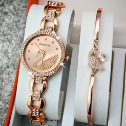 Conjunto De Pulseira De Relógio , 2 Peças , Cisne Grátis , Feminino , Strass , Relógios De Aço Inoxidável