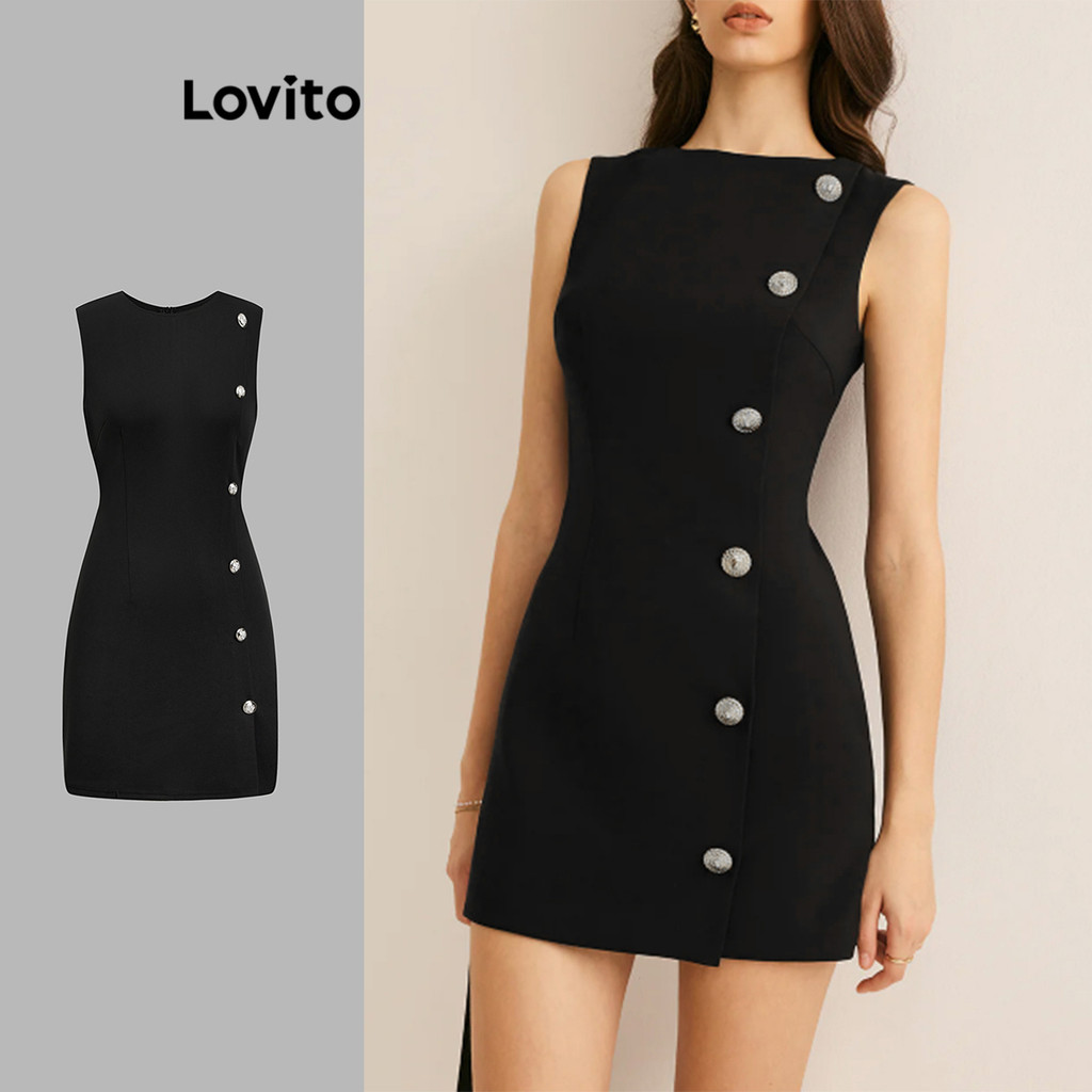 Lovito Vestido casual simples com botões assimétricos para mulheres L108ED409 - Women Clothes