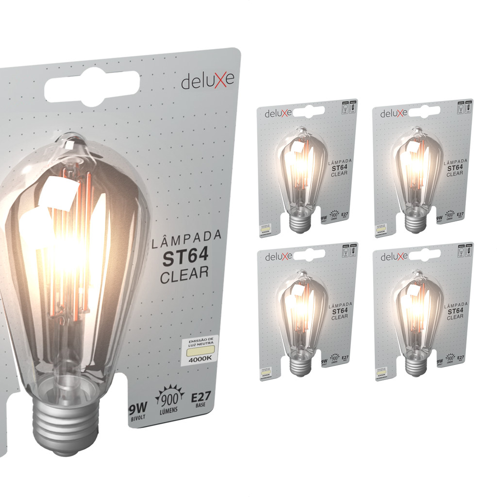 Kit 5 Lampada de Led ST64 Clear Filamento Retro Vintage 9w 4000K Luz Branco Neutro E27 Deluxe em Oferta na Shopee