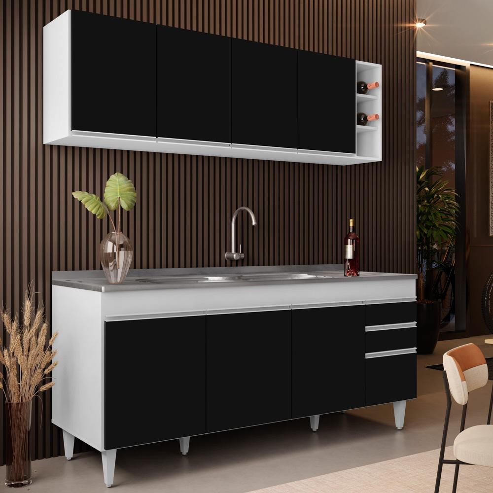 Armário Aéreo Nevada e Balcão Gabinete 180cm Com Pia Dallas Branco/Preto - Lumil em Oferta na Shopee