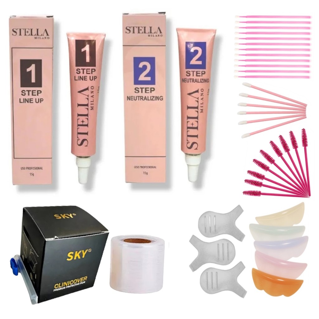 Kit Brow Lamination e Lash Lifting Stella Milano Passo 1 e 2 Microbrush Escovinha Plastico Filme