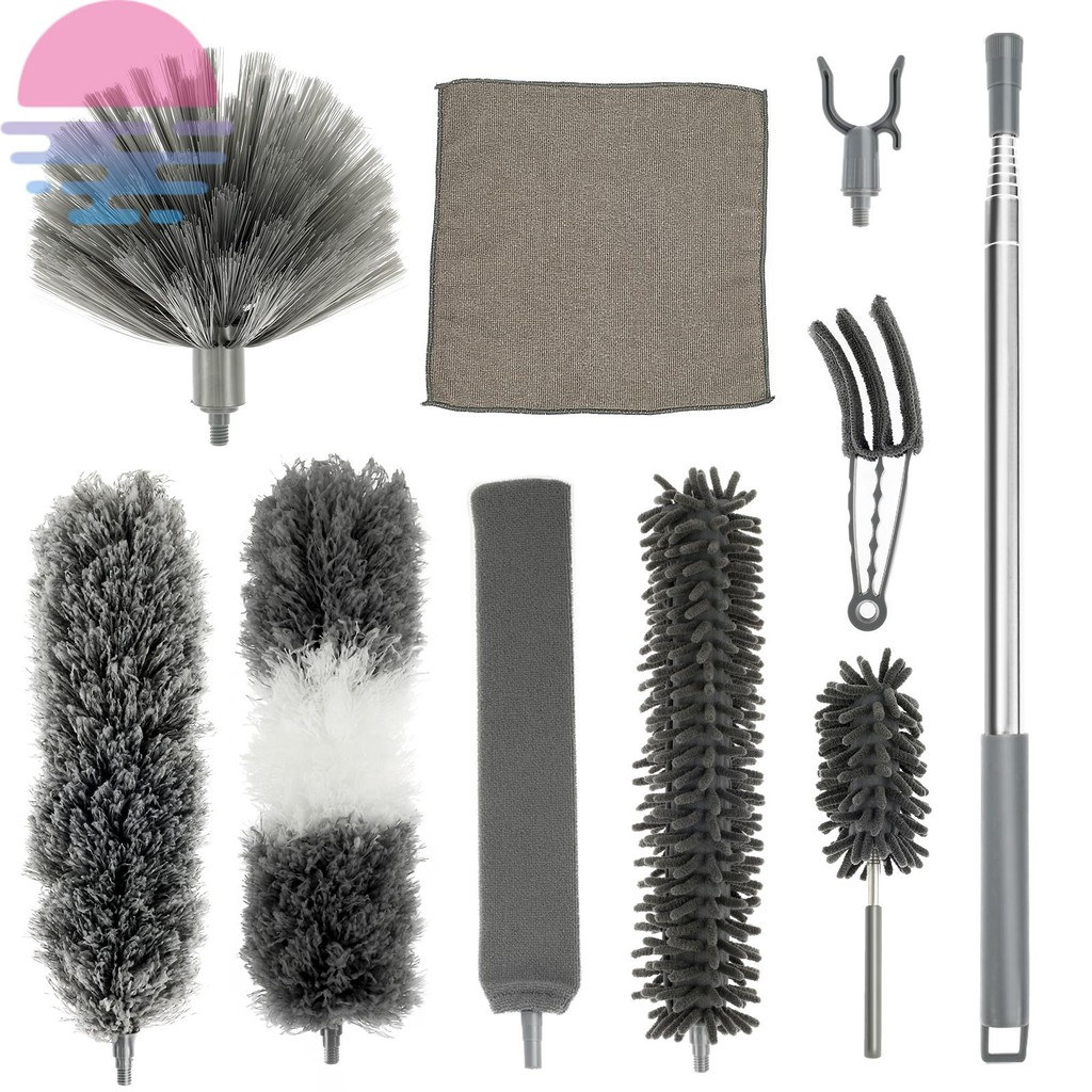 Conjunto De Espanador De Penas De 10 Unidades Com Alça Telescópica De 93.7 Polegadas Kit Limpeza Multifuncional Limpador