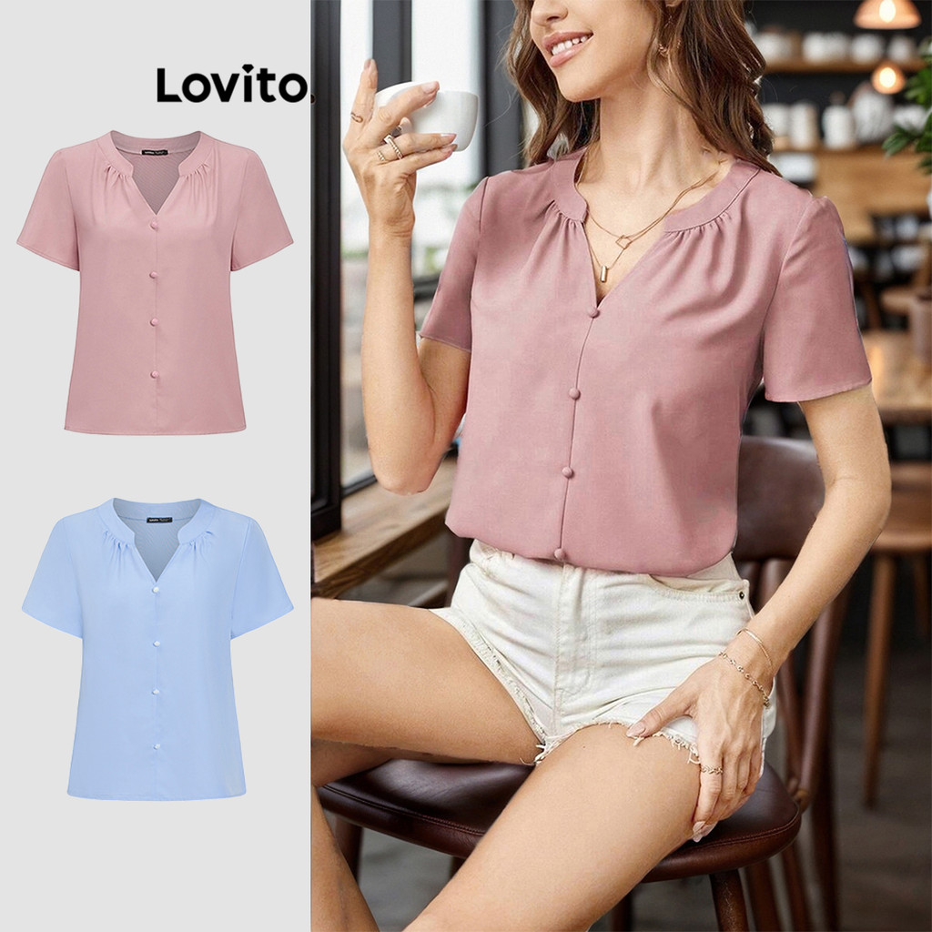 Lovito Blusa Elegante Blusa Plissada Lisa Para Mulheres L89ED054 (Multicolorido)